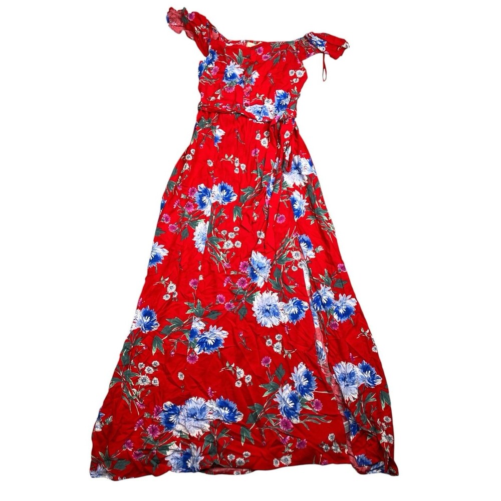 Band of Gypsies Maxi Dress Womens S Red Floral Off Shoulder Waist Tie‎ Romantic - Picture 4 of 11